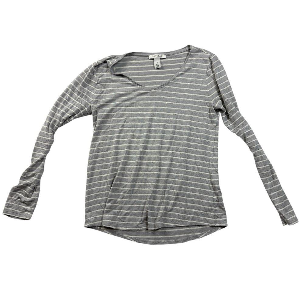 White House Black Market Long Sleeve V-Neck Top Light Gray/White Stripes Medium